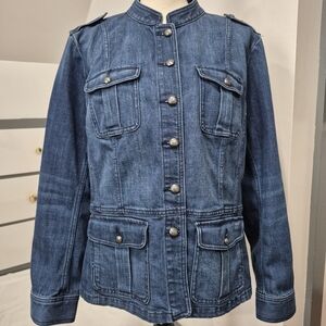 NWOT Talbots Military Style Band Collar Jean Jacket